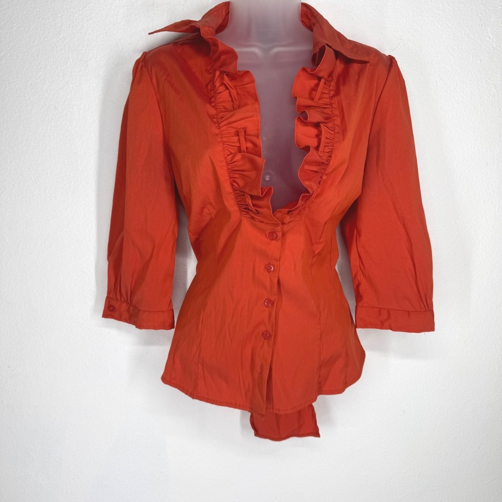 Antilia Femme Ruffled Button-Front Blouse in Bright Orange